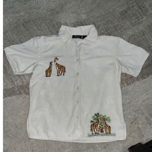 MPH Collection Womens Small Linen Blend Giraffe Embroidered Button Down Shirt